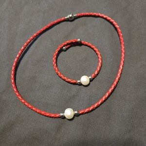 White Cultured Freshwater Pearl Red Braided Necklace and Bracelet Set